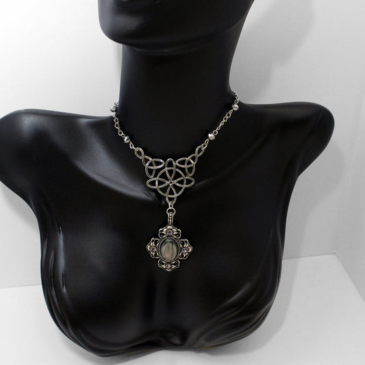 Unique Silver Celtic Styled Gothic Necklace with Mystic Stone and purple crystals