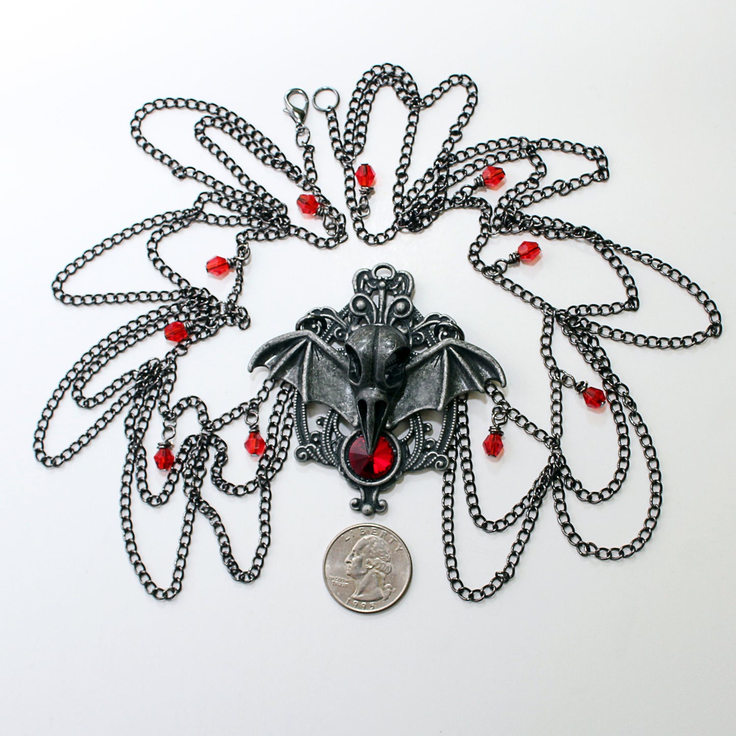 Gothic Raven Skull and Bat Wing Necklace with Red Crystals, Gothic Jewelry, Crow Skull Necklace, Halloween Jewelry, Vampire Jewelry