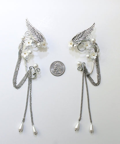 Elf fantasy ear cuffs with flowers and shoulder-length chains.  Elven jewelry.