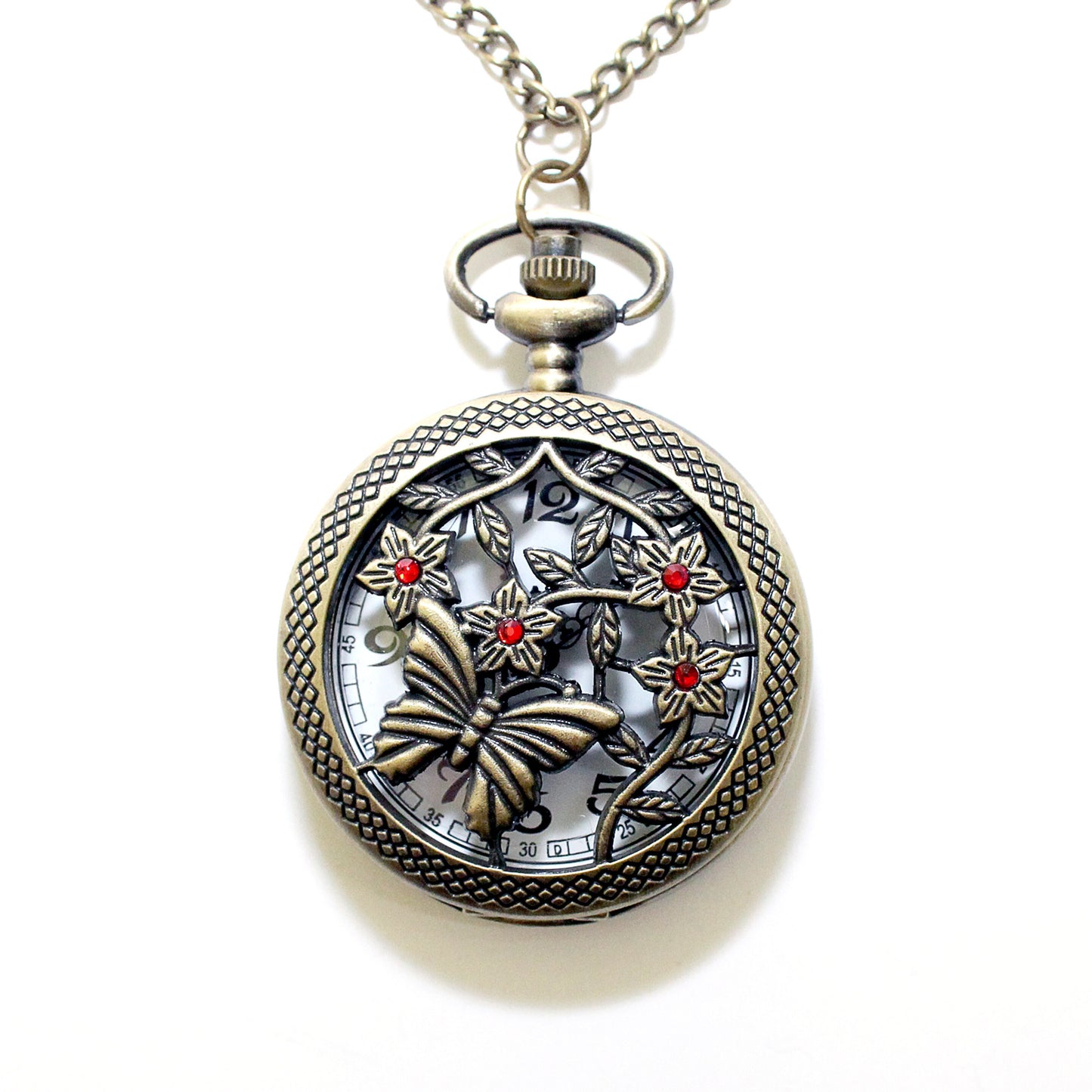 Butterfly Pocket Watch Necklace with Red Swarovski Rhinestones, Butterfly Jewelry