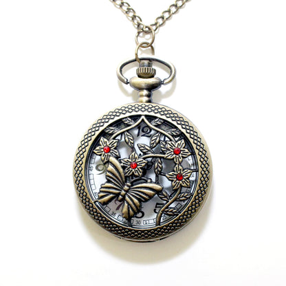 Butterfly Pocket Watch Necklace with Red Swarovski Rhinestones, Butterfly Jewelry