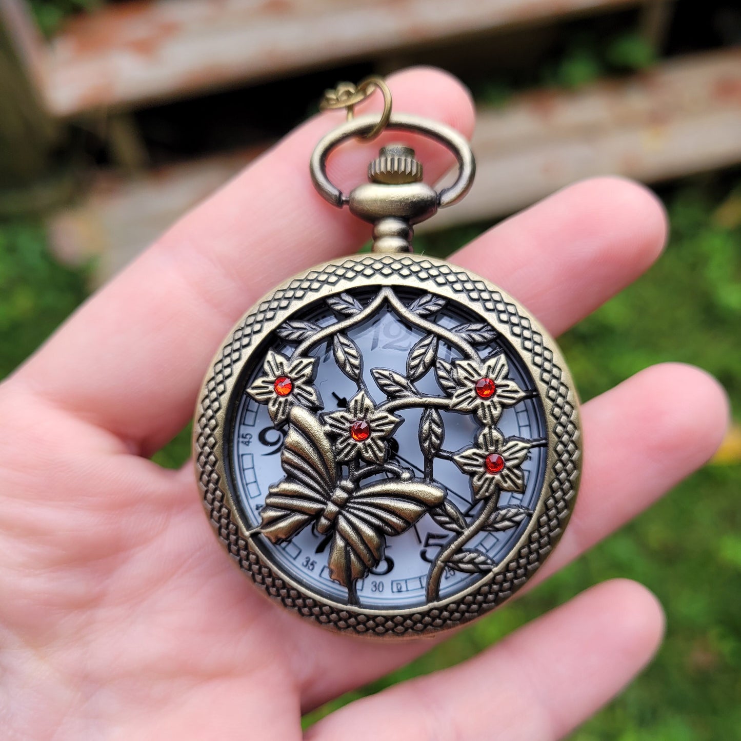 Butterfly Pocket Watch Necklace with Red Swarovski Rhinestones, Butterfly Jewelry