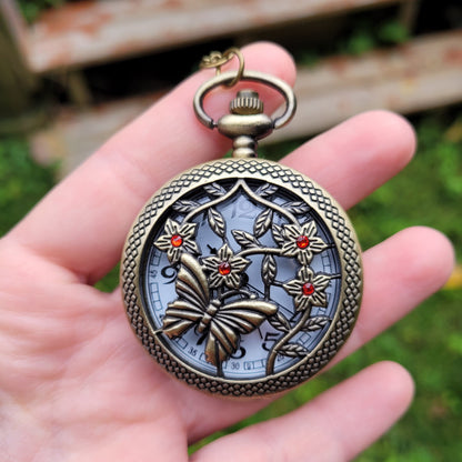 Butterfly Pocket Watch Necklace with Red Swarovski Rhinestones, Butterfly Jewelry