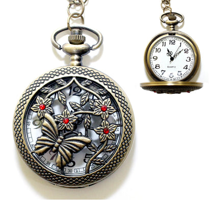 Butterfly Pocket Watch Necklace with Red Swarovski Rhinestones, Butterfly Jewelry