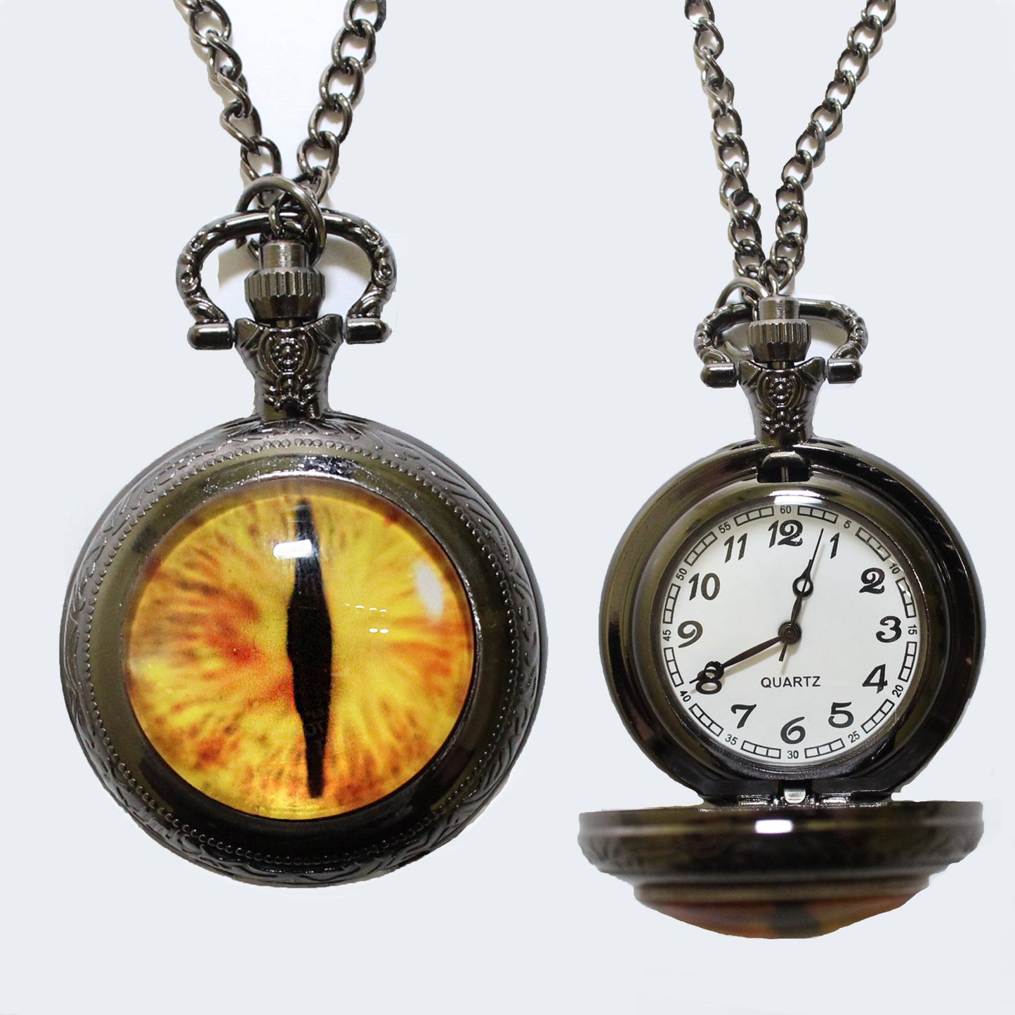 Dragon Eye of Sauron Pocket Watch Necklace, Eye of Sauron, against white background.  Gothic Fantasy Jewelry.