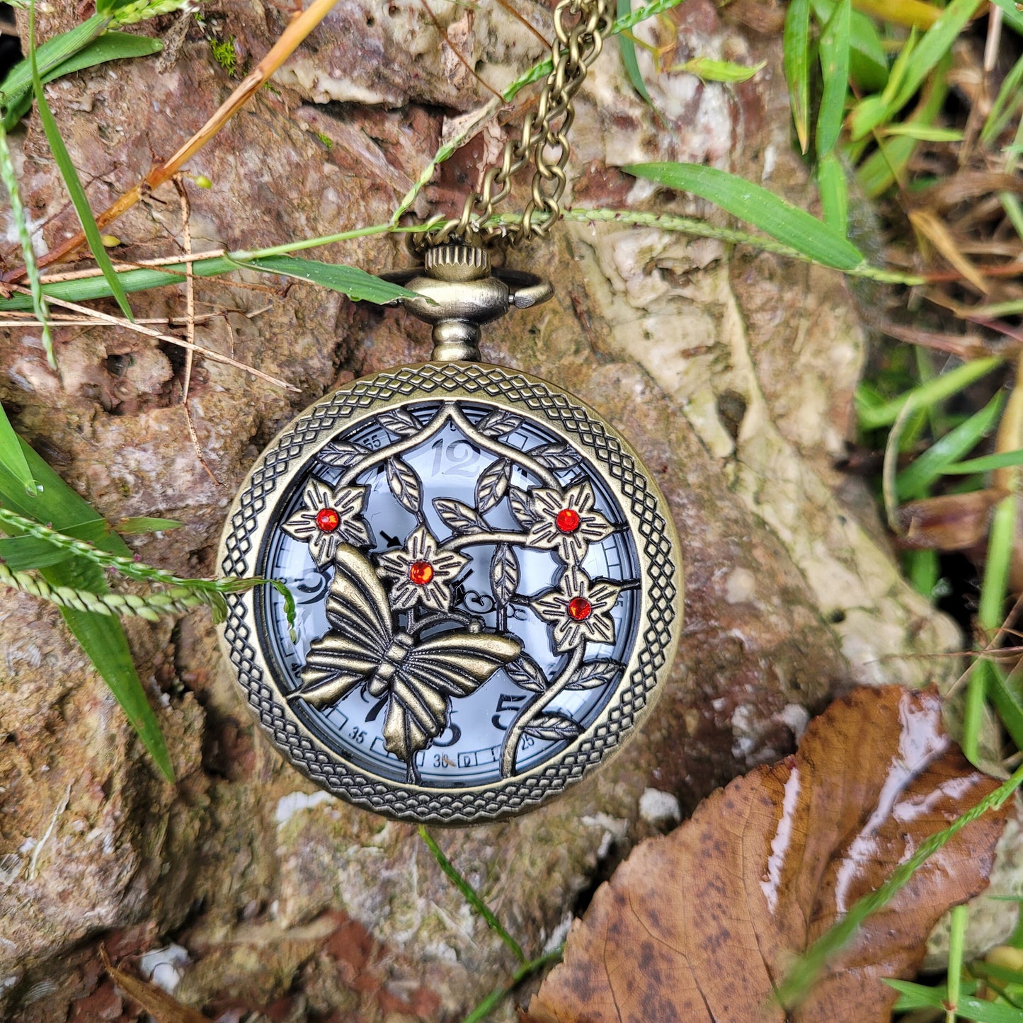 Butterfly Pocket Watch Necklace with Red Swarovski Rhinestones, Butterfly Jewelry