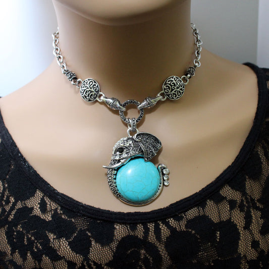 Natural Turquoise Elephant Necklace, Elephant Jewelry, Animal Jewelry, African Jewelry, Turquoise Jewelry
