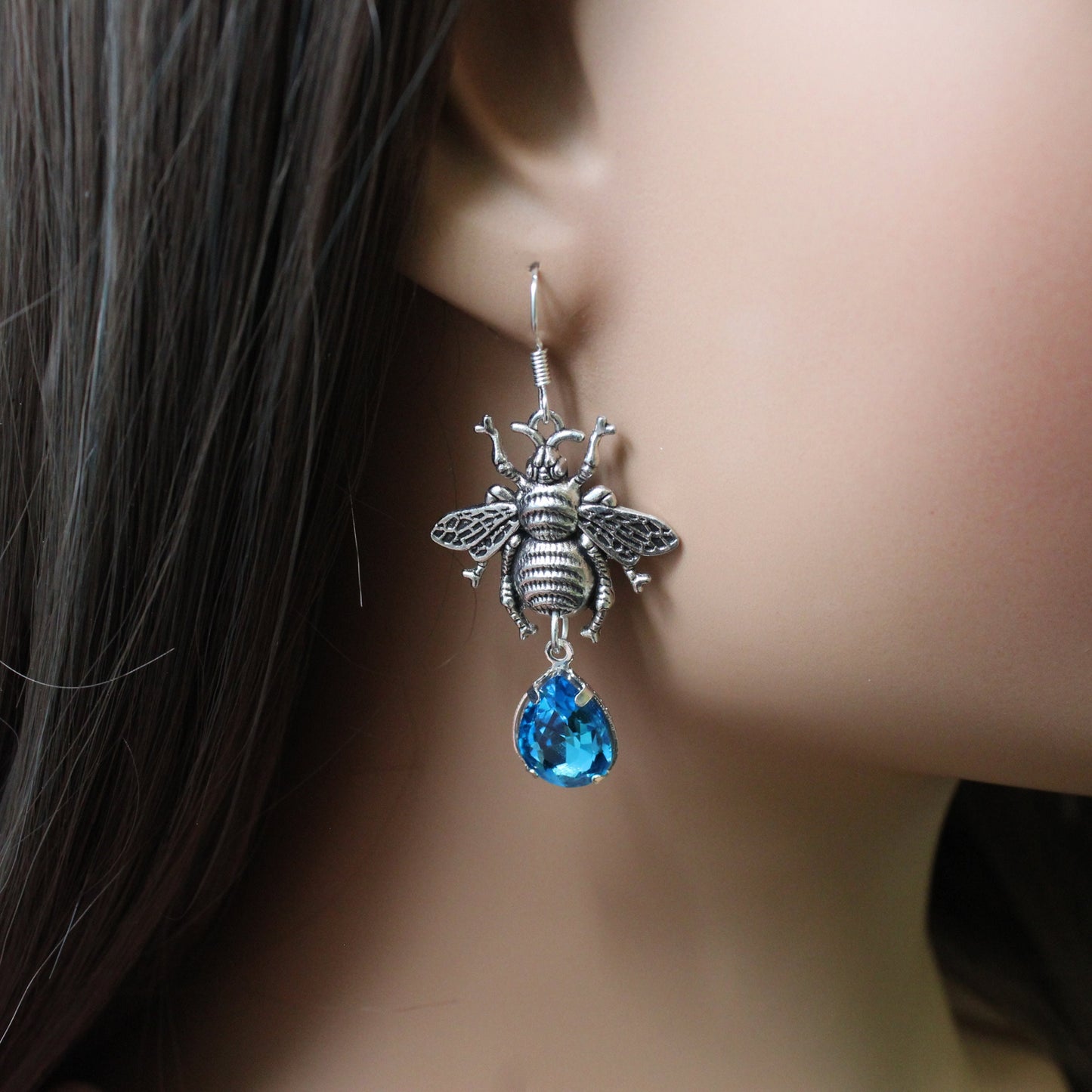 Bumblebee dangle earrings in gold and silver with Emerald and Turquoise Crystals, Bumblebee jewelry, Nature Jewelry, Hippie Jewelry