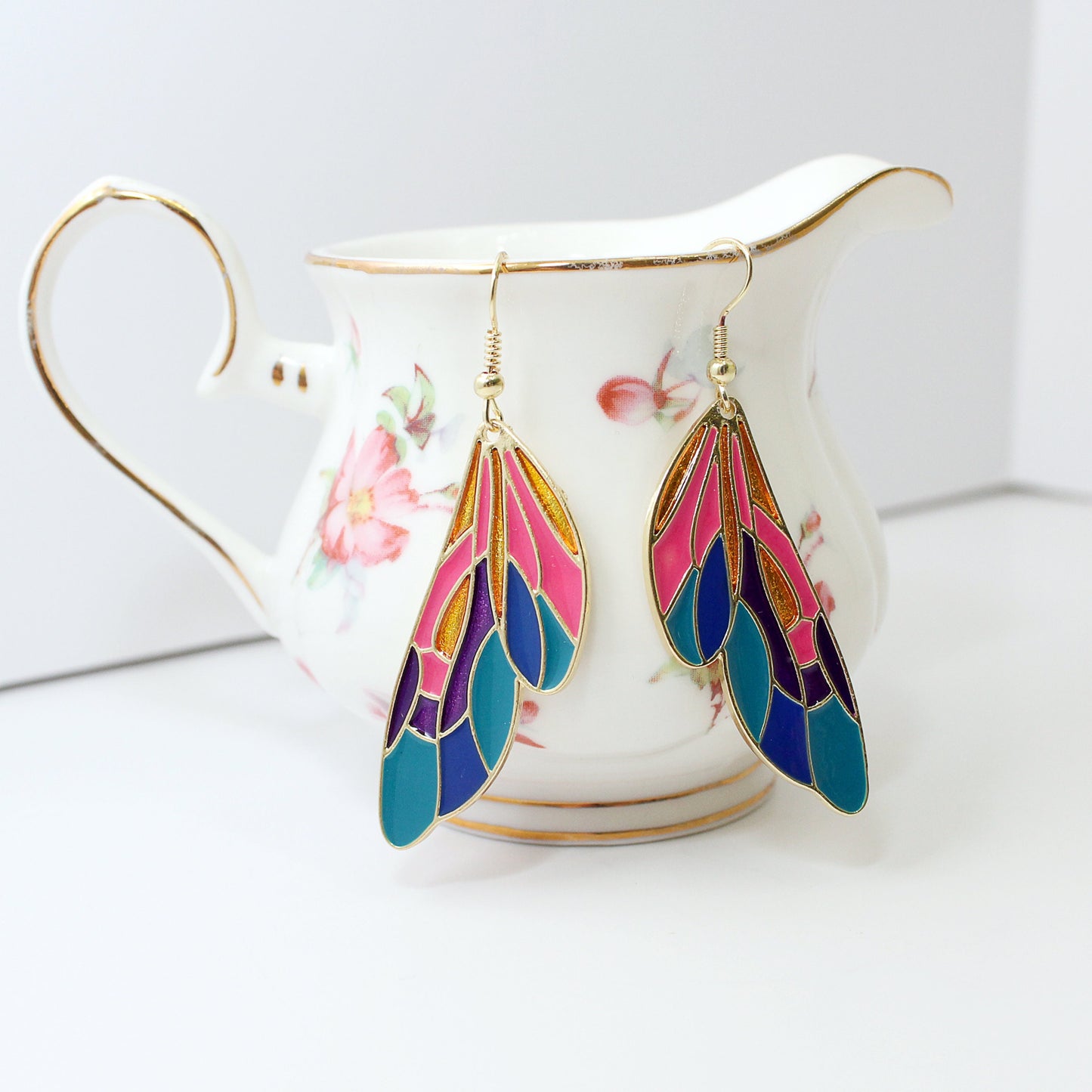 Gold Rainbow Dangle Butterfly Wing Earrings, Butterfly Jewelry