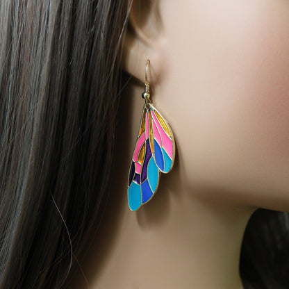 Gold Rainbow Dangle Butterfly Wing Earrings, Butterfly Jewelry