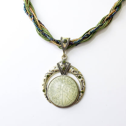 Green, Blue and Black Beaded Moon Necklaces, Beaded Jewelry, Bohoe Jewelry, Bohemian Necklace