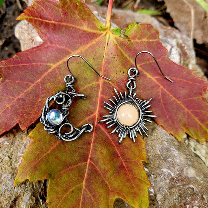 Sun and Moon Earrings, Hippie Jewelry, Bohemian Drop Earrings
