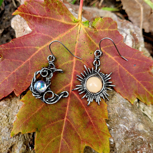 Sun and Moon Earrings, Hippie Jewelry, Bohemian Drop Earrings