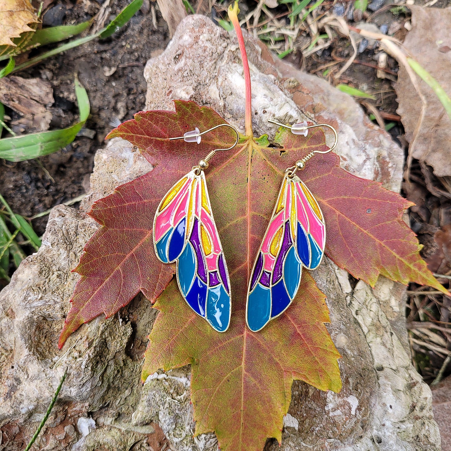 Gold Rainbow Dangle Butterfly Wing Earrings, Butterfly Jewelry