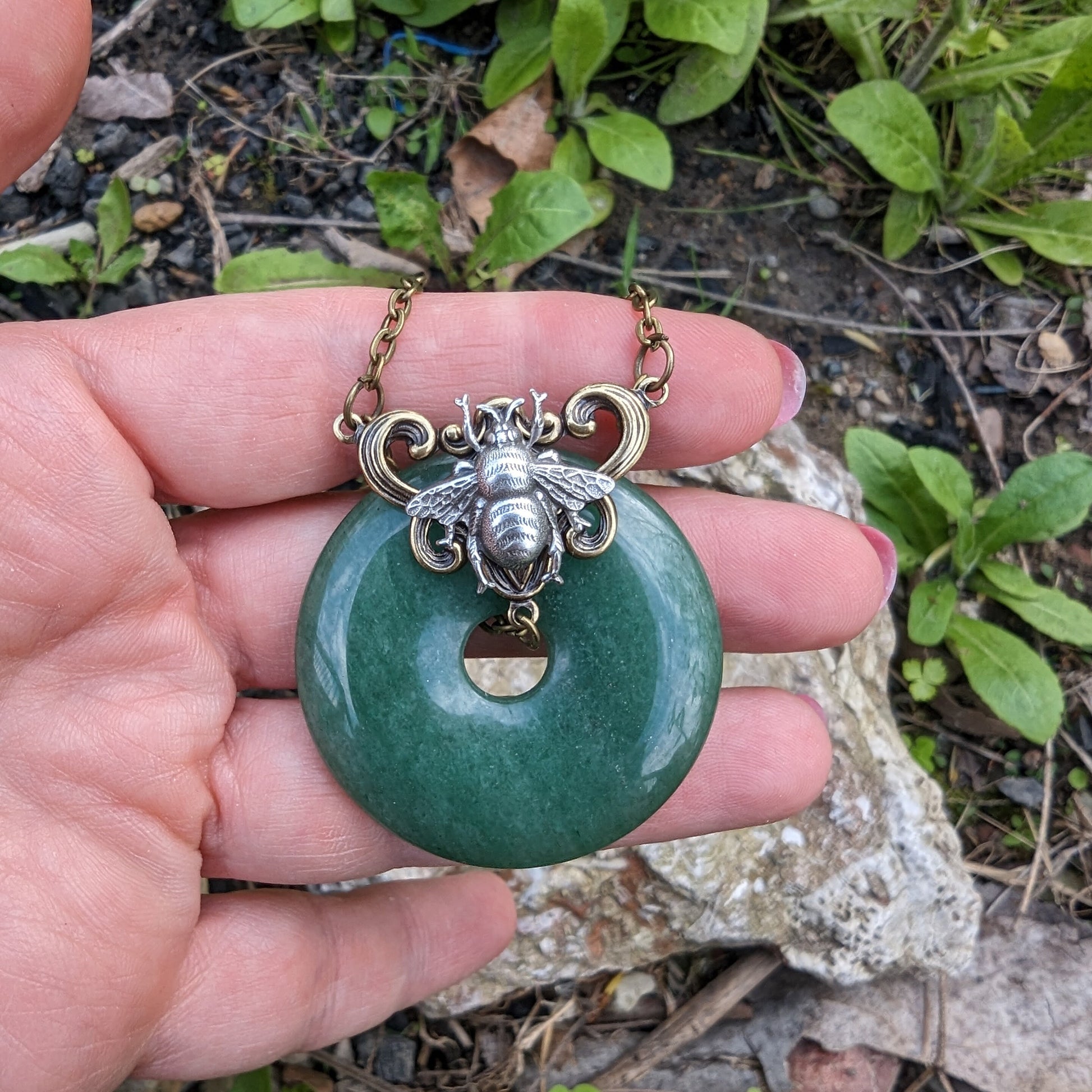 Natural Aventurine donut shaped stone with Sterling Silver plated Brass bumble bee necklace.
