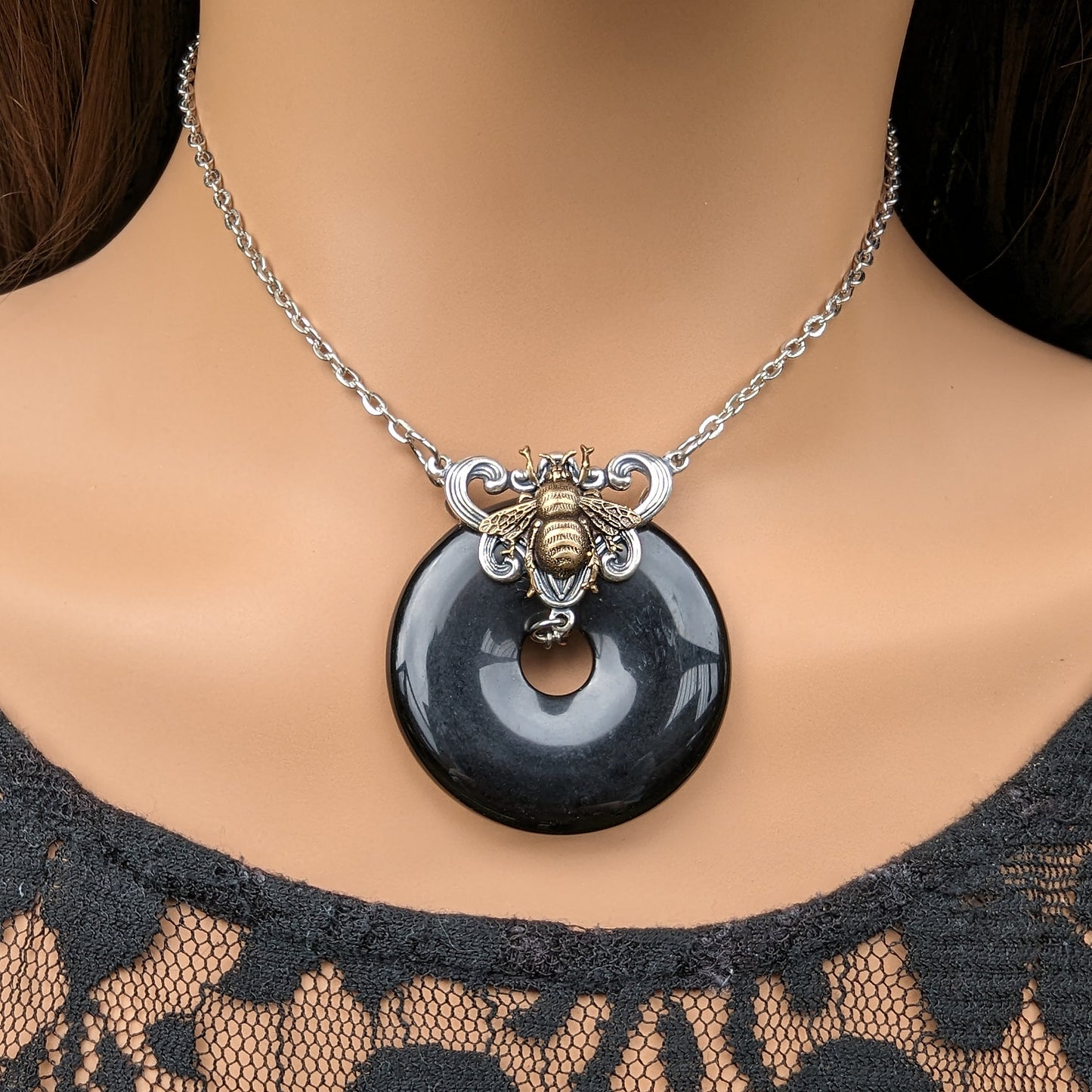 Black onyx donut stone necklace with bumble bee.  Bumblebee jewelry gift.