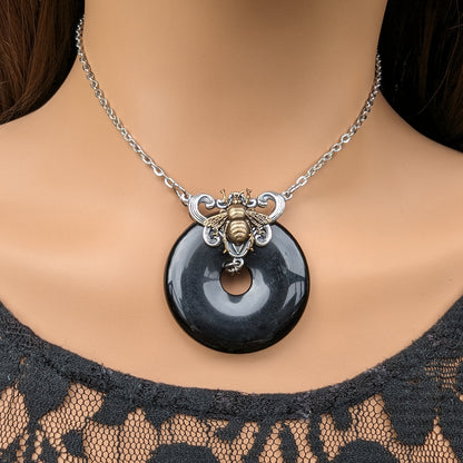 Black onyx donut stone necklace with bumble bee.  Bumblebee jewelry gift.