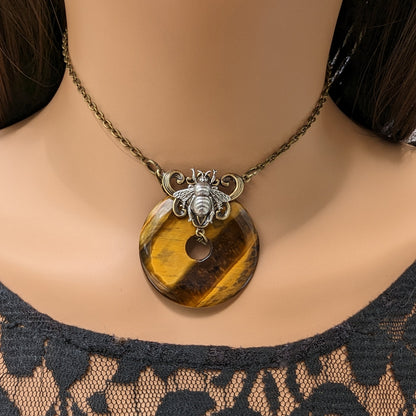 Natural Tiger's Eye Donut Shaped Agate Stone Necklace with Sterling Silver Bumble Bee