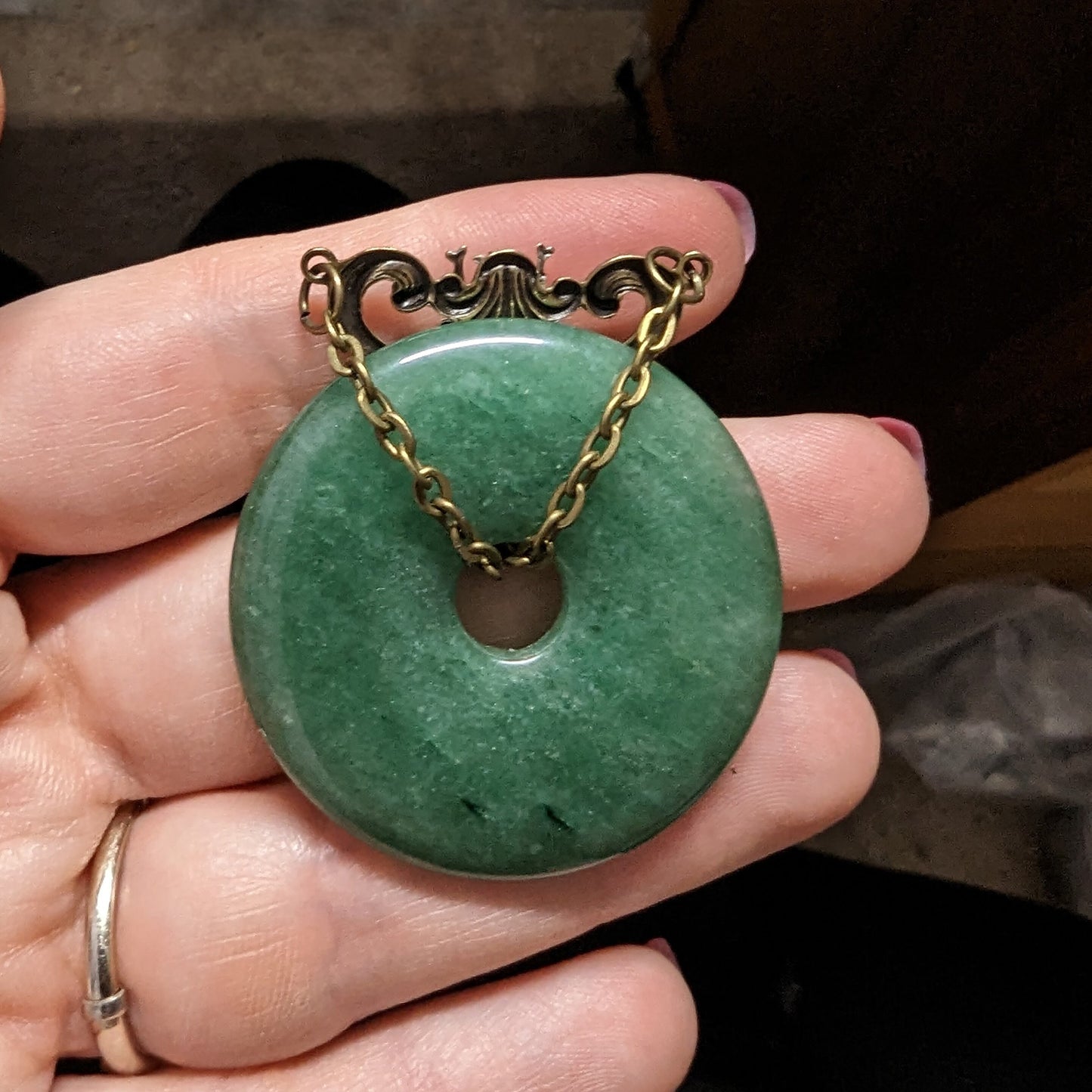 Natural Aventurine donut shaped stone with Sterling Silver plated Brass bumble bee necklace.