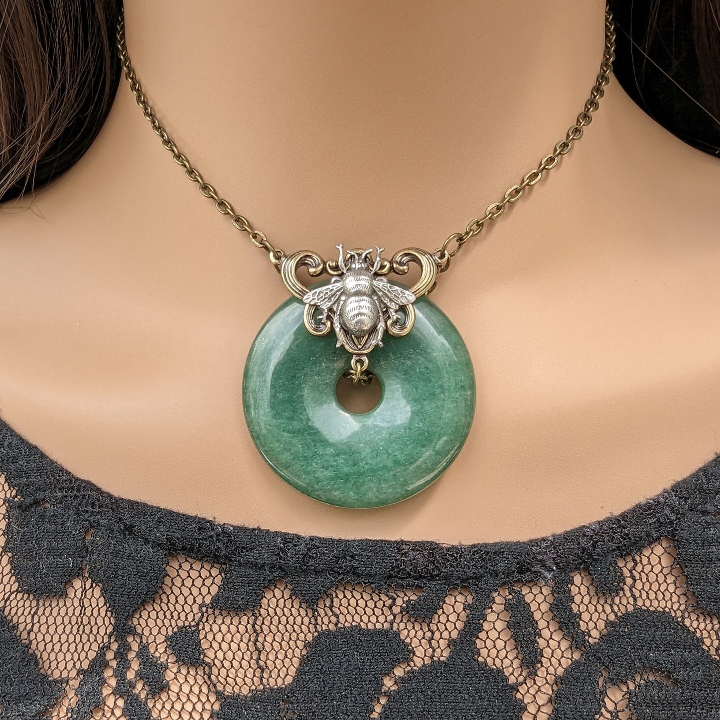 Natural Aventurine donut shaped stone with Sterling Silver plated Brass bumble bee necklace.
