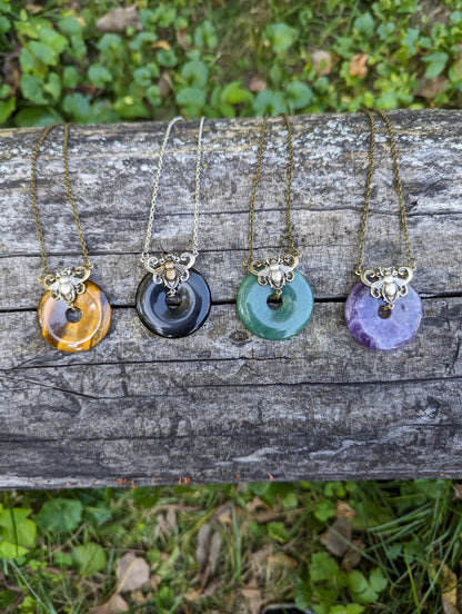 Black onyx donut stone necklace with bumble bee.  Bumblebee jewelry gift.