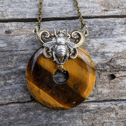Natural Tiger's Eye Donut Shaped Agate Stone Necklace with Sterling Silver Bumble Bee