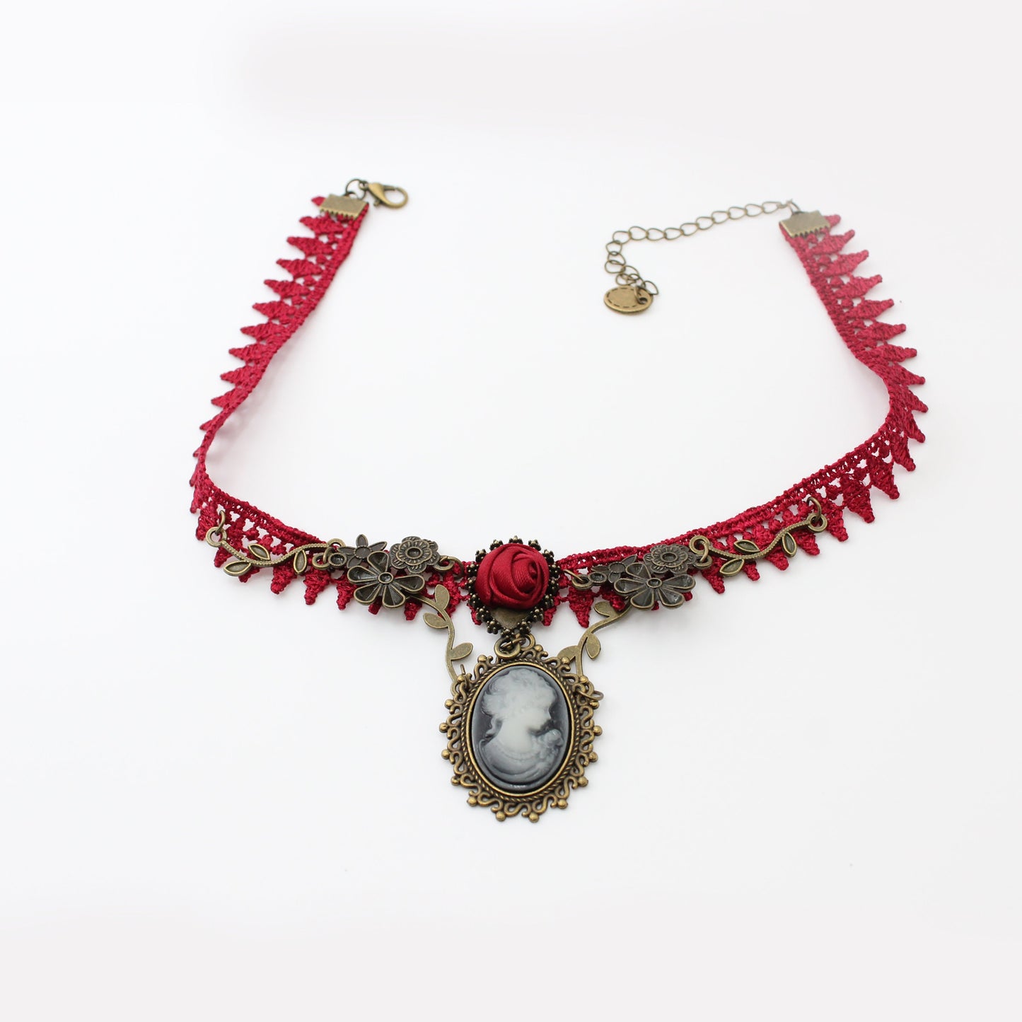 Victorian Red Rose Lace Cameo Choker Necklace, Gothic Jewelry