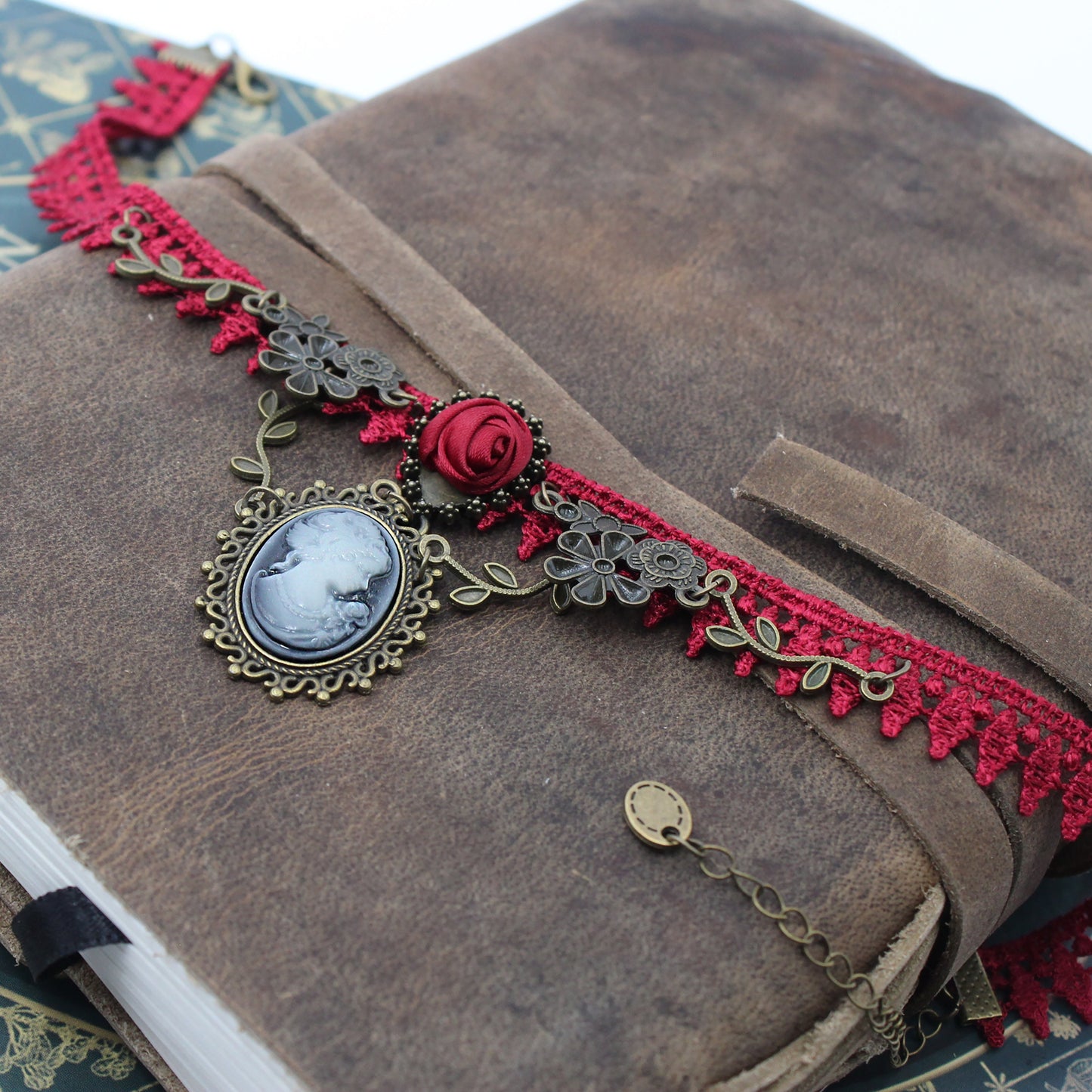 Victorian Red Rose Lace Cameo Choker Necklace, Gothic Jewelry