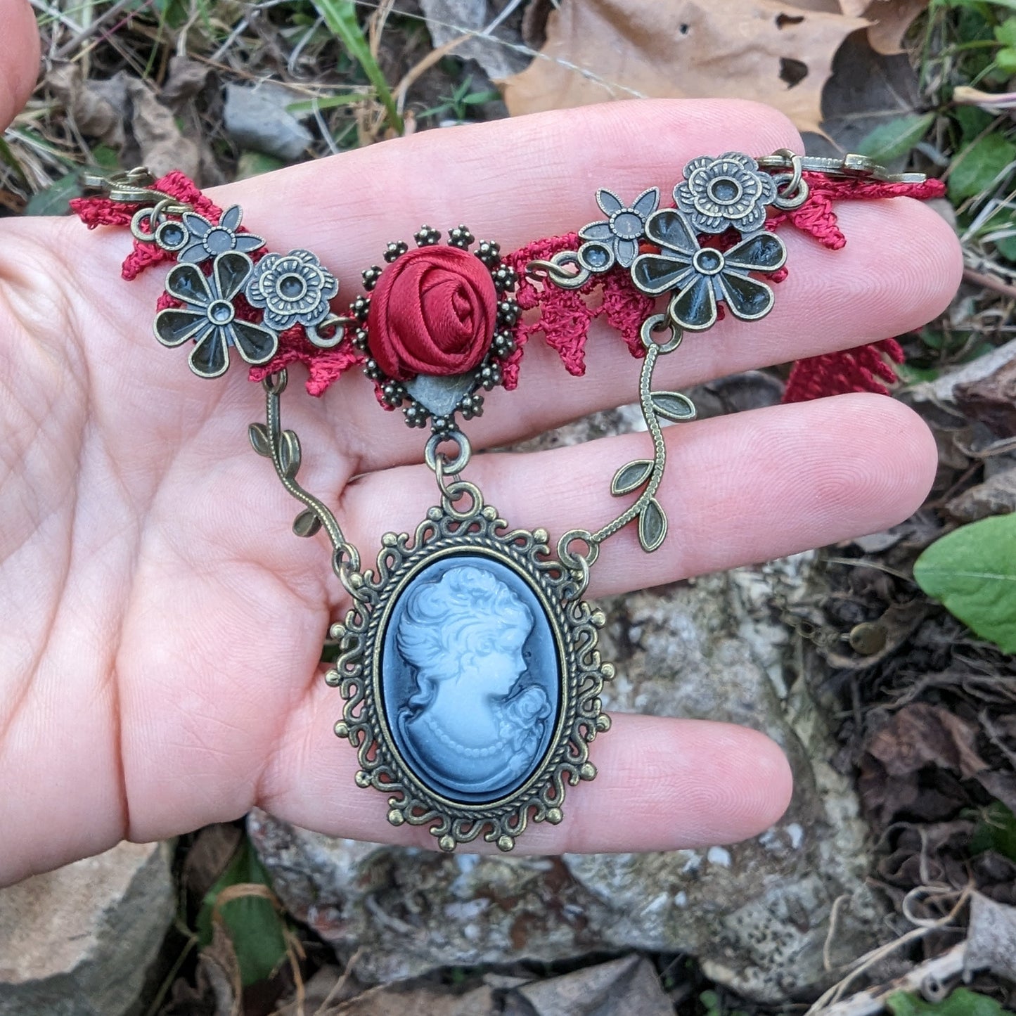 Victorian Red Rose Lace Cameo Choker Necklace, Gothic Jewelry