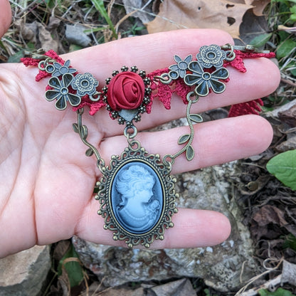 Victorian Red Rose Lace Cameo Choker Necklace, Gothic Jewelry