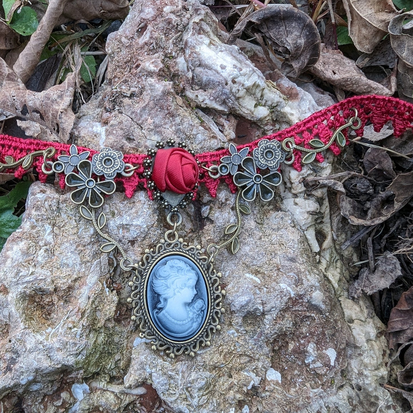 Victorian Red Rose Lace Cameo Choker Necklace, Gothic Jewelry