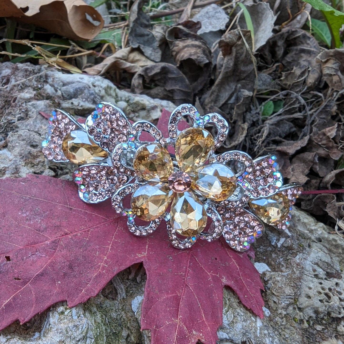 Gold Rhinestone Flower Hair Bar Barrette, Gold Hair Clip, Crystal Hair Jewelry