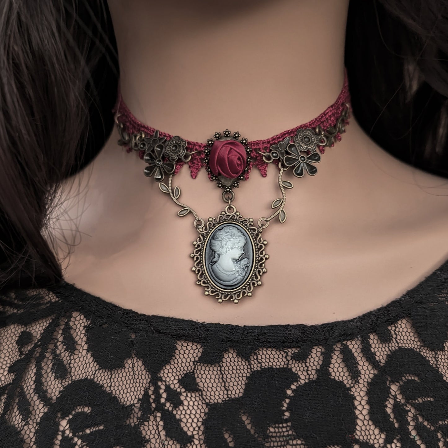 Victorian Red Rose Lace Cameo Choker Necklace, Gothic Jewelry