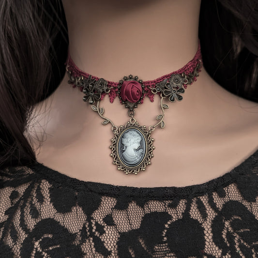 Victorian Red Rose Lace Cameo Choker Necklace, Gothic Jewelry
