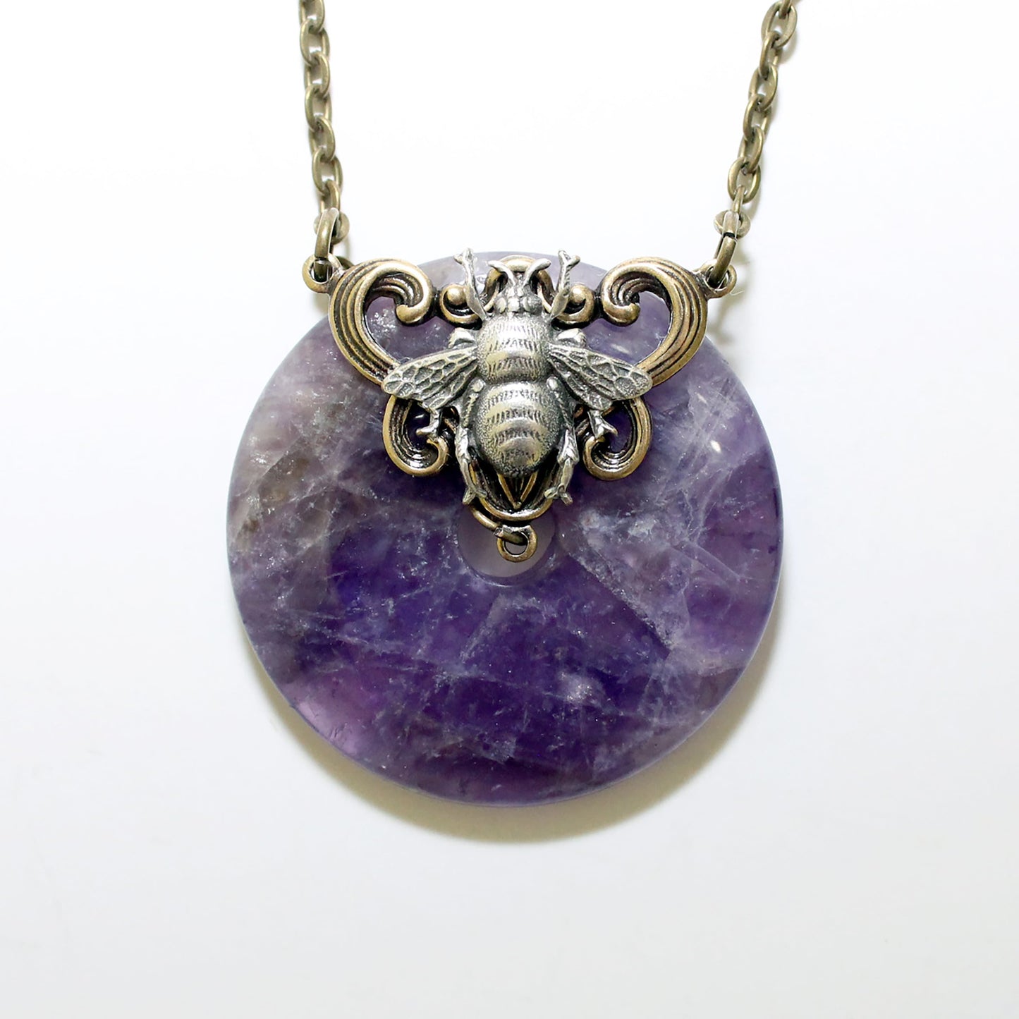 Amethyst Donut stone shaped necklace with sterling silver bumblebee.  Great gift for bee lovers!