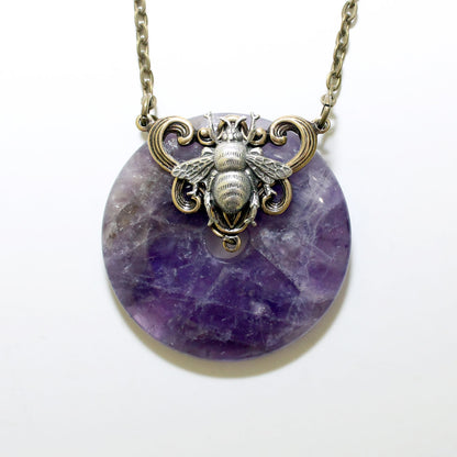 Amethyst Donut stone shaped necklace with sterling silver bumblebee.  Great gift for bee lovers!