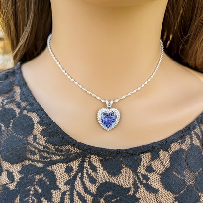 Sterling Silver Tanzanite Heart Necklace with Cubic Zirconia Stones.