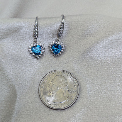 925 Sterling Silver Blue Topaz Cubic Zirconia Heart Earrings.